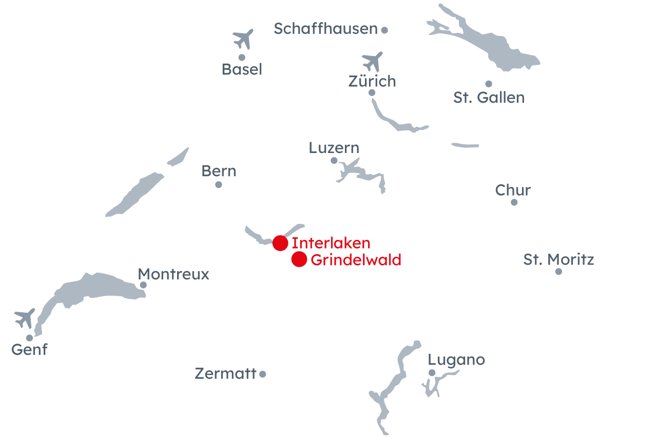 Karte der Schweiz mit der Reiseroute Jungfrau Region – Abenteuerland