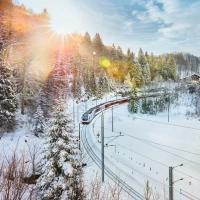 A winter landscape with a train traveling through snowy forests in sunlight.