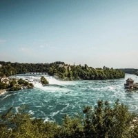 A wide view of the impressively roaring Rhine Falls amidst green landscape under a clear sky.