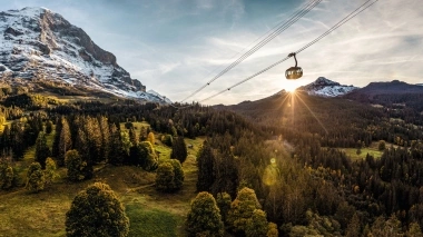 Cable car over a forested mountain landscape with a snow-covered peak in the background.