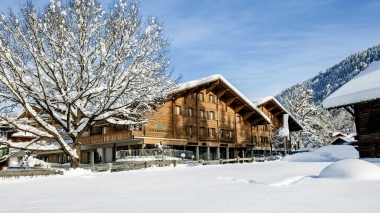 A snowy landscape with a large wooden building and a snow-covered tree.