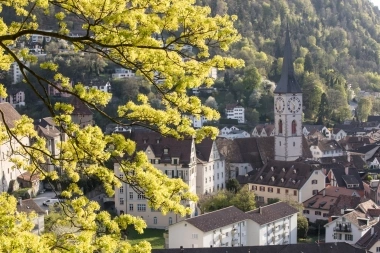 A city view with a church in the background, surrounded by blooming trees in spring.