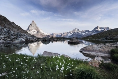 A tranquil mountain landscape with a lake in the foreground and snow-capped peaks in the background; flowers in the foreground.