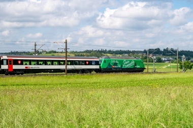 Ein Zug der SBB auf einer grünen Wiese unter wolkigem Himmel.