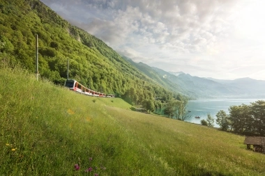 Train passing through green hills beside a lake under a cloudy sky.