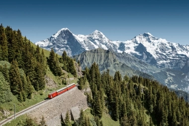 Eine rote Bahn fährt durch grüne Berge mit schneebedeckten Gipfeln im Hintergrund.