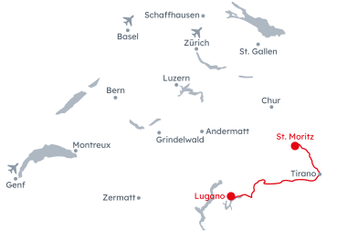 Carte de la Suisse avec itinéraire du Bernina Express Classique de St-Moritz à Lugano