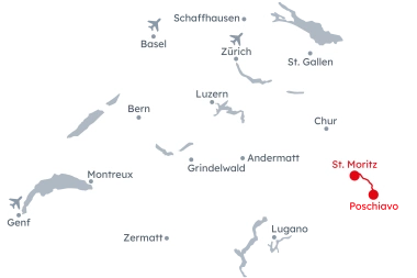 Karte der Schweiz mit der Reiseroute Bernina Express von Poschiavo nach St. Moritz