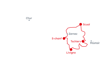 Map of the Grisons with the route Biking holidays around the National park