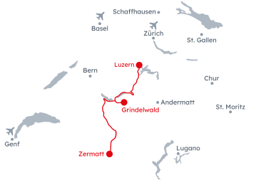 Karte der Schweiz mit der Reiseroute Bucket List von Luzern nach Zermatt