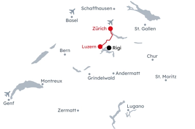 Map of Switzerland with the itinerary Christmas Markets in Zurich and Lucerne from Zurich to Lucerne