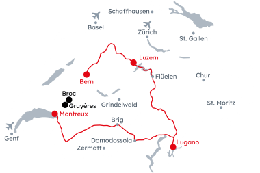 Karte der Schweiz mit der Reiseroute 	Kulinarische Höhenflüge von Montreux nach Bern