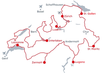 Map of Switzerland with the route of the E-Grand Tour of Switzerland from Zurich to Lucerne