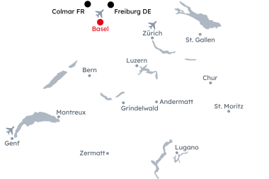 Karte der Schweiz mit der Reiseroute Europäische Weihnachtsmärkte ab Basel
