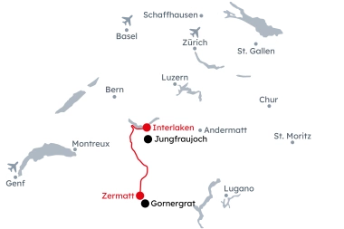 Carte de la Suisse avec l'itinéraire Sommets célèbres à Interlaken et Zermatt