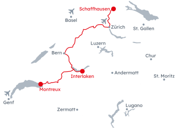 Map of Switzerland with the Fascinating Water Worlds itinerary from Schaffhausen to Montreux