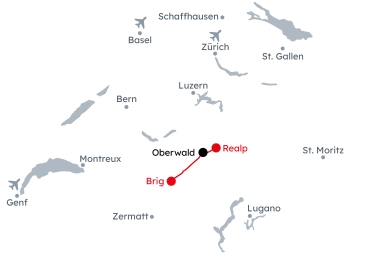 Mappa della Svizzera con l'itinerario Ferrovia a vapore della Furka – Viaggio nostalgico Oberwald – Realp