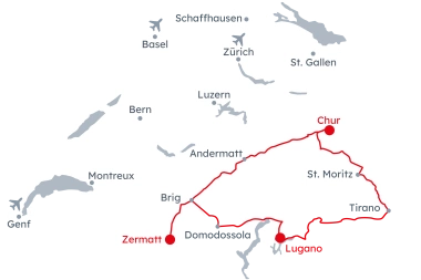 Map of Switzerland with the itinerary Glacier, Bernina and Centovalli Express from Chur