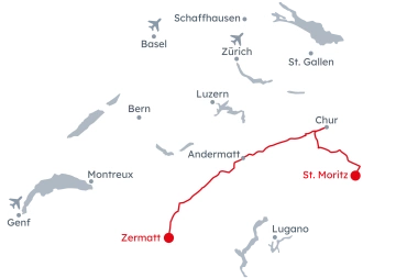 Karte der Schweiz mit der Reiseroute Glacier Express von St. Moritz nach Zermatt und zurück