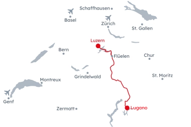 Mappa della Svizzera con l'itinerario Gotthard Panorama Express Classico da Lucerna a Lugano