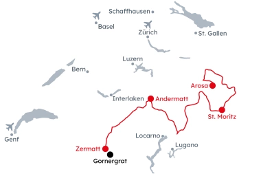 Map of Switzerland with the itinerary Grand Tour Deluxe – Alpine Mountain Passes from Arosa to Zermatt