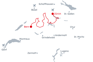 Mappa della Svizzera con l'itinerario Grand Tour of Switzerland – City e Cultura da Berna a Zurigo