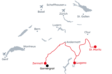 Mappa della Svizzera con l'itinerario Grand Tour of Switzerland – Delizie Culinarie da St. Moritz a Zermatt