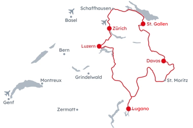 Carte de la Suisse avec l'itinéraire Grand Tour of Switzerland – Route Est de Zurich à Lucerne