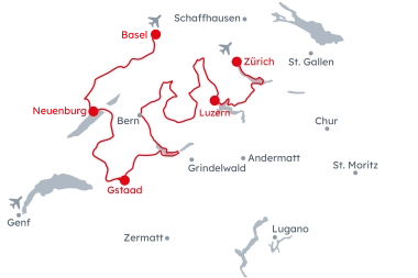 Map of Switzerland with the itinerary Grand Tour of Switzerland – Northern Route from Basel to Zurich