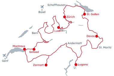 Map of Switzerland with the itinerary Grand Tour of Switzerland  – Original from Zurich to Lucerne