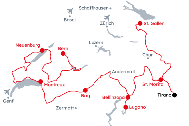 Karte der Schweiz mit der Reiseroute Grand Tour of Switzerland – UNESCO von St. Gallen nach Bern