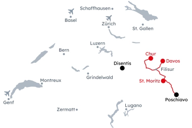 Carte de la Suisse avec l'itinéraire Alpine Cruise de Coire à Davos