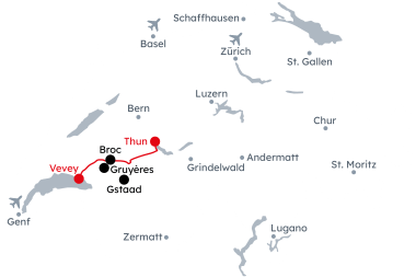 Map of Switzerland with the route of the Grand Tour of Switzerland - Wellness from Montreux to Thun