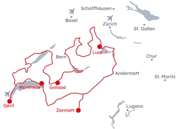 Karte der Schweiz mit der Reiseroute der Grand Tour of Switzerland – Westroute von Genf nach Montreux