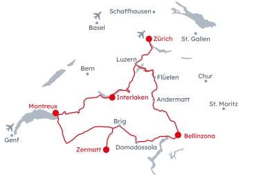 Carte de la Suisse avec l'itinéraire du Grand Train Tour of Switzerland – Rivieras alpines au départ de Lucerne