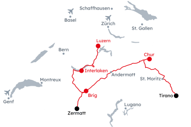 Mappa della Svizzera con il percorso del Grand Train Tour of Switzerland - Best of Winter da Lucerna a Coira