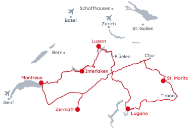 Map of Switzerland with the itinerary of the Grand Train Tour of Switzerland - Classic from Lucerne