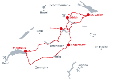 Karte der Schweiz mit der Reiseroute der Grand Train Tour of Switzerland – Ost West von St. Gallen nach Zürich