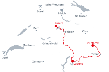 Karte der Schweiz mit der Reiseroute der Grand Train Tour of Switzerland – Gletscher und Palmen von St. Moritz nach Luzern