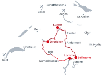 Mappa della Svizzera con il percorso del Grand Train Tour of Switzerland - Tesori nascosti da Lucerna a Locarno