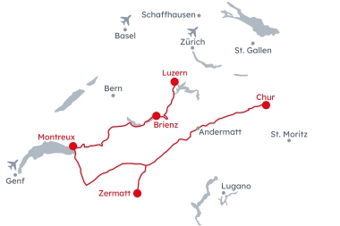 Karte der Schweiz mit der Reiseroute der Grand Train Tour of Switzerland – Historische Tour von Chur nach Luzern