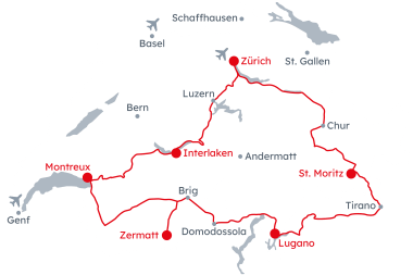 Mappa della Svizzera con il percorso del Grand Train Tour of Switzerland – Laghi e Vette da Lucerna a St. Moritz