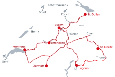 Karte der Schweiz mit der Reiseroute der Grand Train Tour of Switzerland – Original von Luzern nach St. Moritz