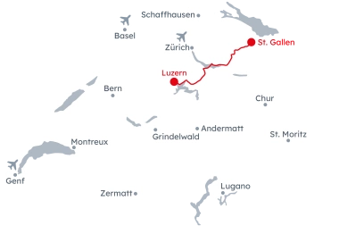 Karte der Schweiz mit der Reiseroute der Grand Train Tour of Switzerland – Faszination Wasser von Luzern nach St. Gallen