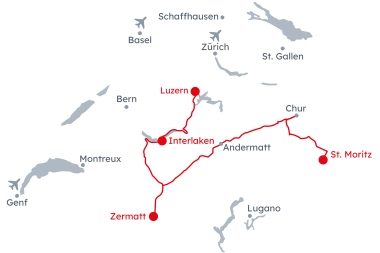 Carte de la Suisse avec l'itinéraire du Grand Train Tour of Switzerland – Magie de l'hiver de Lucerne à St-Moritz