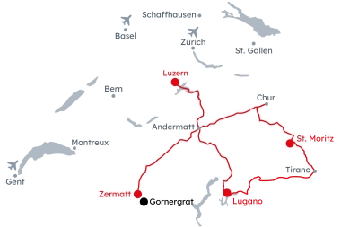 Map of Switzerland with the itinerary Greatest Rail Adventure route from Lucerne to Zermatt