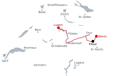 Karte der Schweiz mit der Reiseroute Join-In Alpenkreuzer Pullman Express von Davos nach Luzern