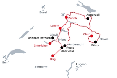 Karte der Schweiz mit der Reiseroute Join-In Grand Tour of Switzerland Explorer – Geschichte und Kulturerbe ab Zürich