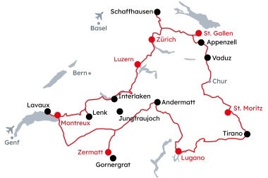 Karte der Schweiz mit der Reiseroute Join-In Grand Tour of Switzerland Explorer – Panorama ab Zürich
