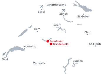 Karte der Schweiz mit der Reiseroute Jungfrau Region – Abenteuerland